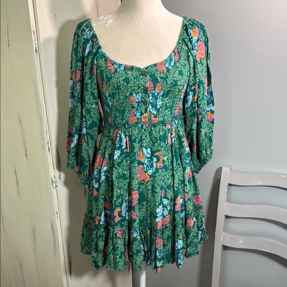 Free People Green Dress with Pink, Blue, Cream and Orange Accents with open back